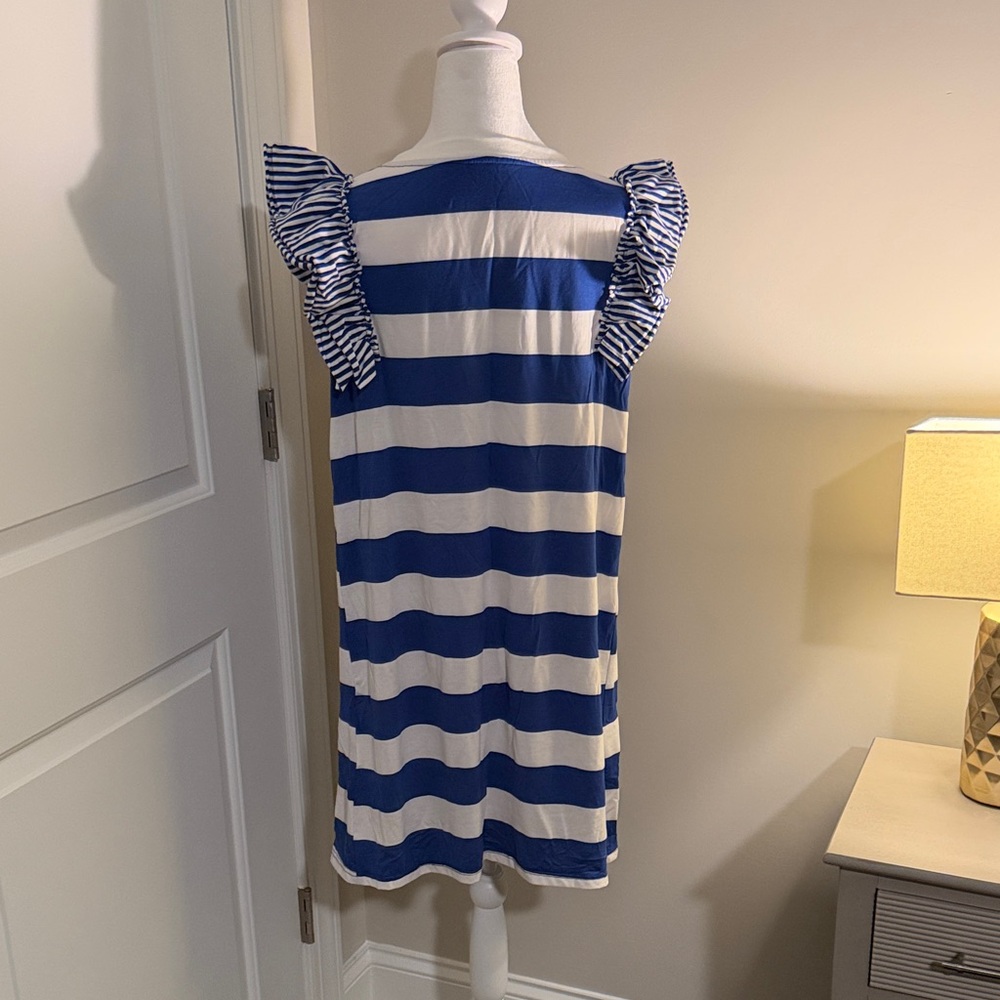Blue and White Striped Ruffle Sleeve Dress - Picture 2 of 2